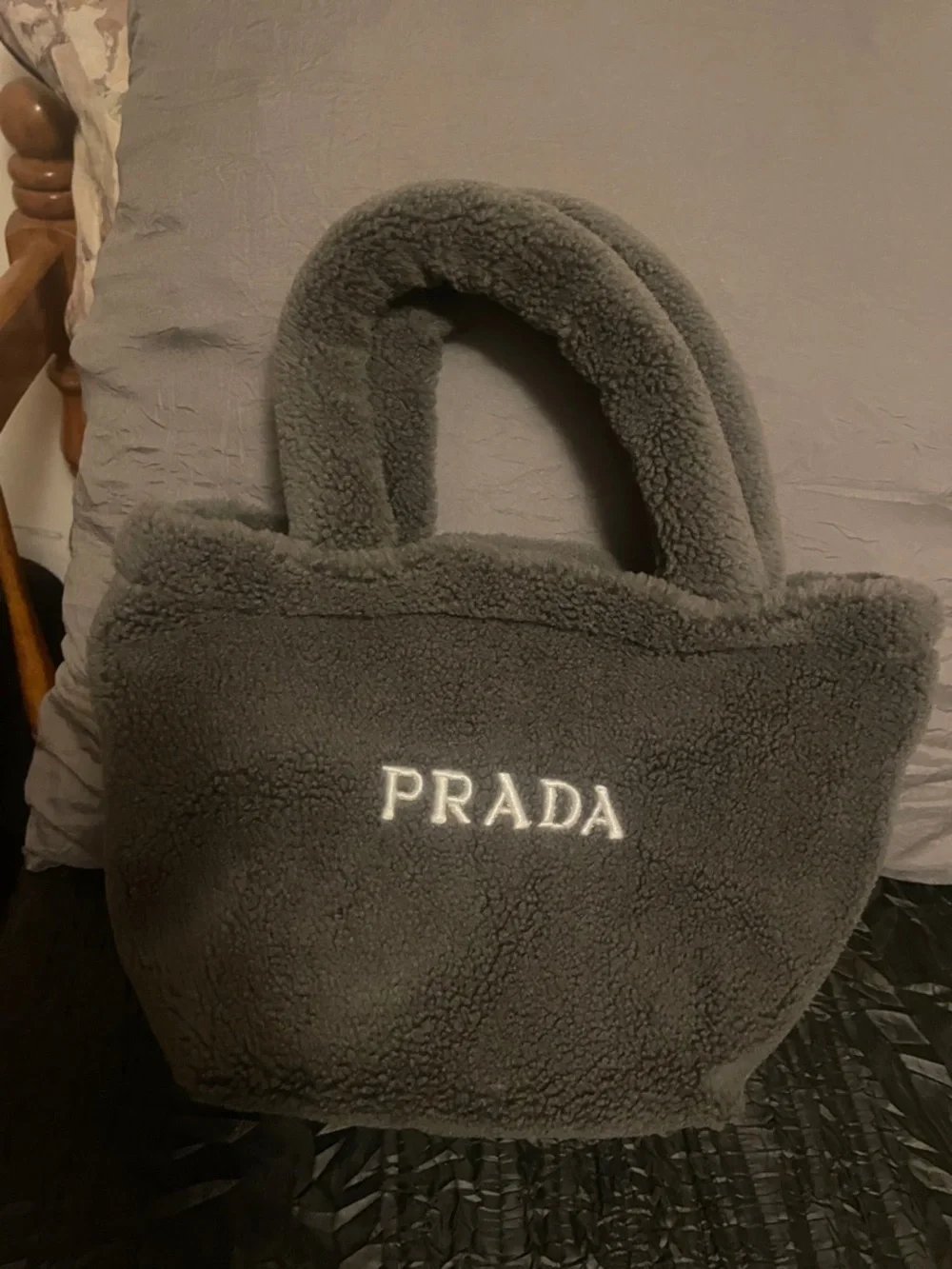 Prada Gray Sherpa Tote with White Logo - Picture 11 of 17